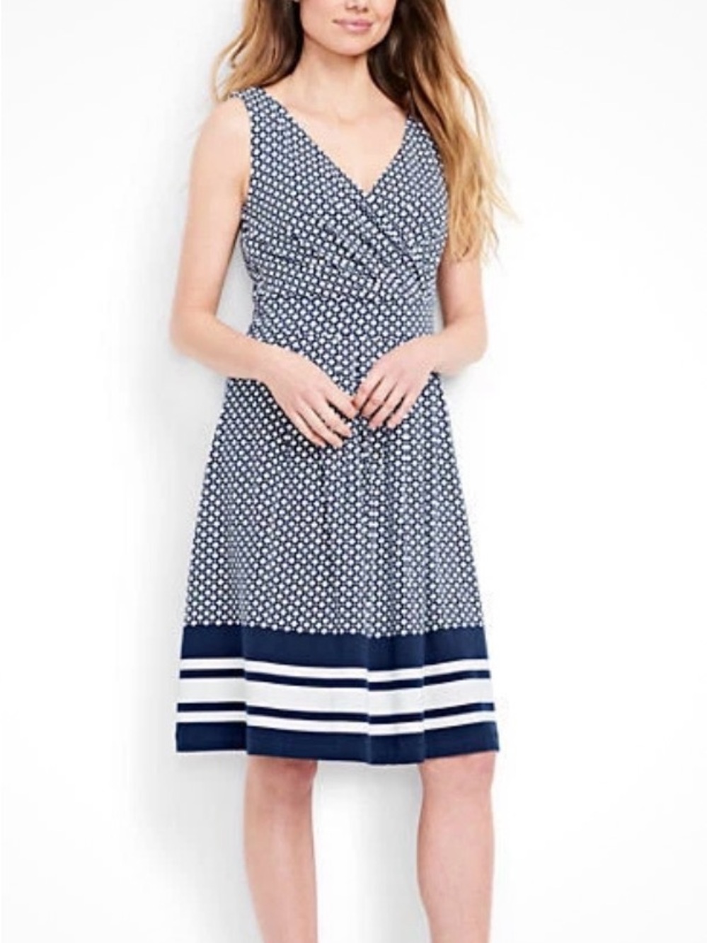 Lands' End Navy and White Sleeveless Surplice Dress